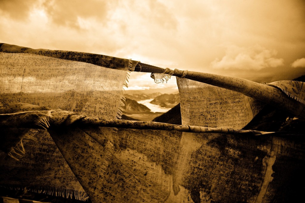 View Through Prayer Flags To Distant Kyichu River, Above Longchenpa's Hermitage, Gangri Tokar, Tibet